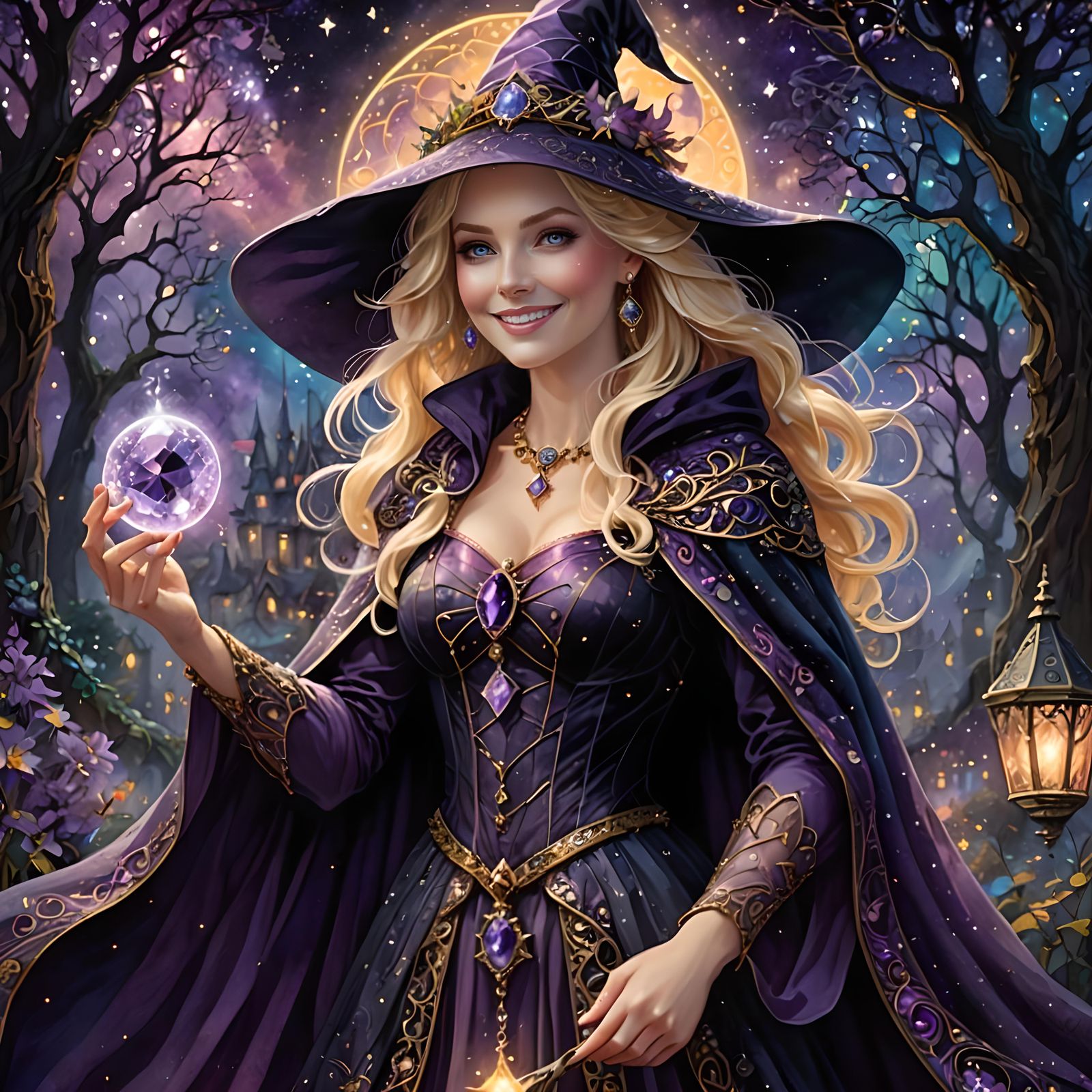 A smiling blonde Enchanted Witch wearing a cloak with fine j...