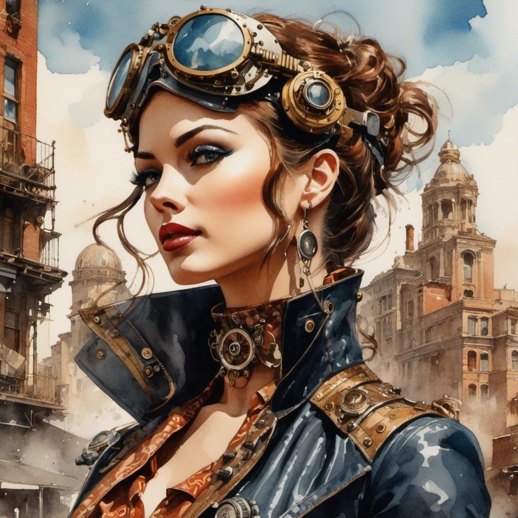 watercolor on textured paper Illustration of <lora:Epic Steampunk 3:1.0> Beautiful portrait of a lady , stunning, in an urban setting