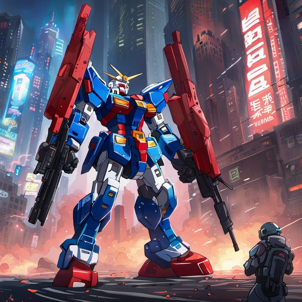 blue red Gundam Mecha defending New York City 🏙️