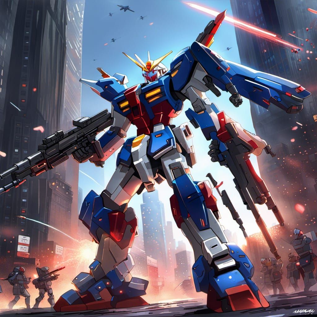 blue red Gundam Mecha defending New York City 🏙️