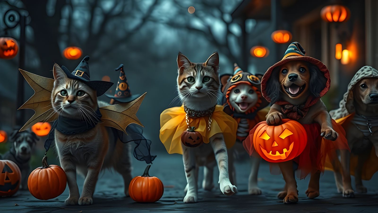 Cats And Dogs Dressed In Halloween Costumes, Going Trick Or Treating  by @KOSH