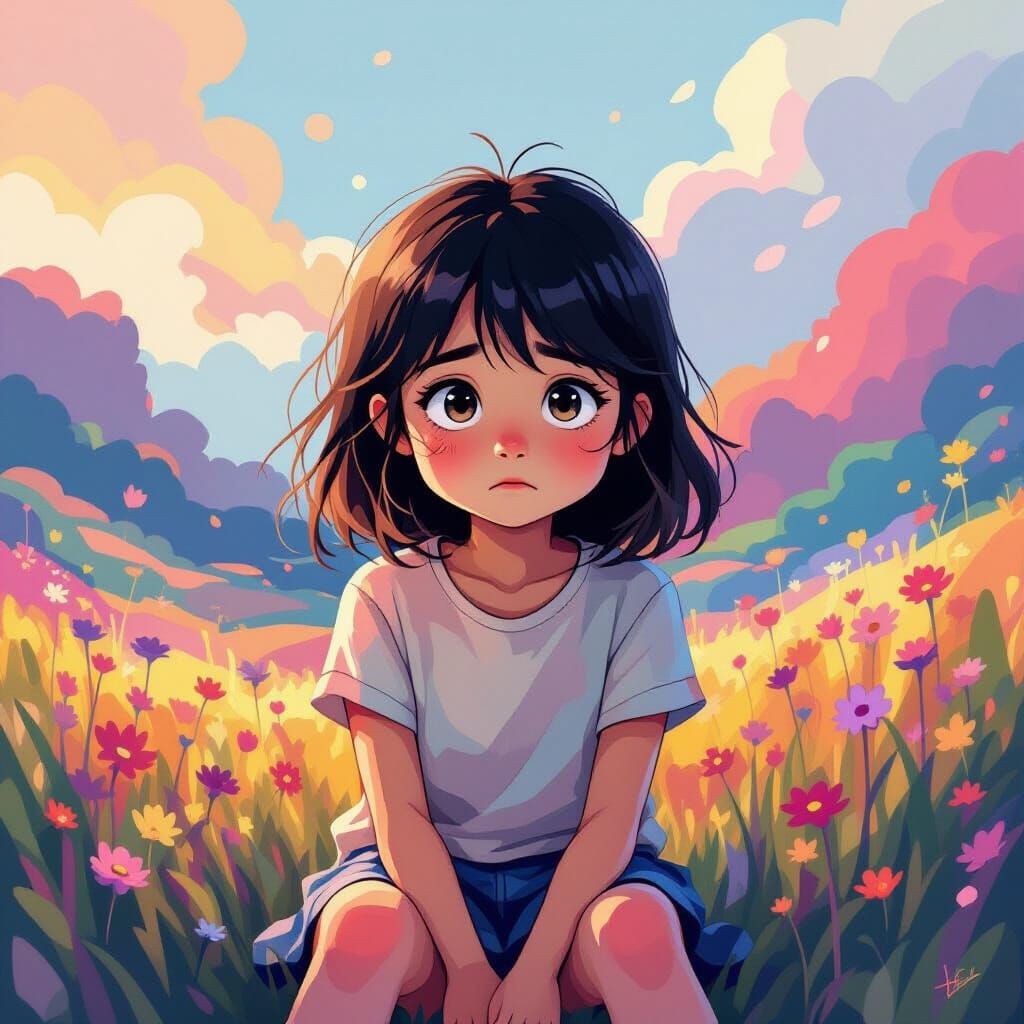 Bored Girl in Vibrant Abstract World