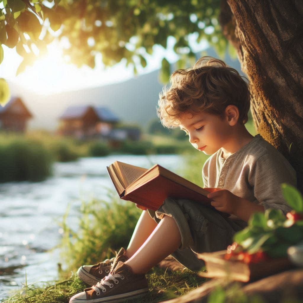 Маленький мальчик читает книгу возле красивой реки