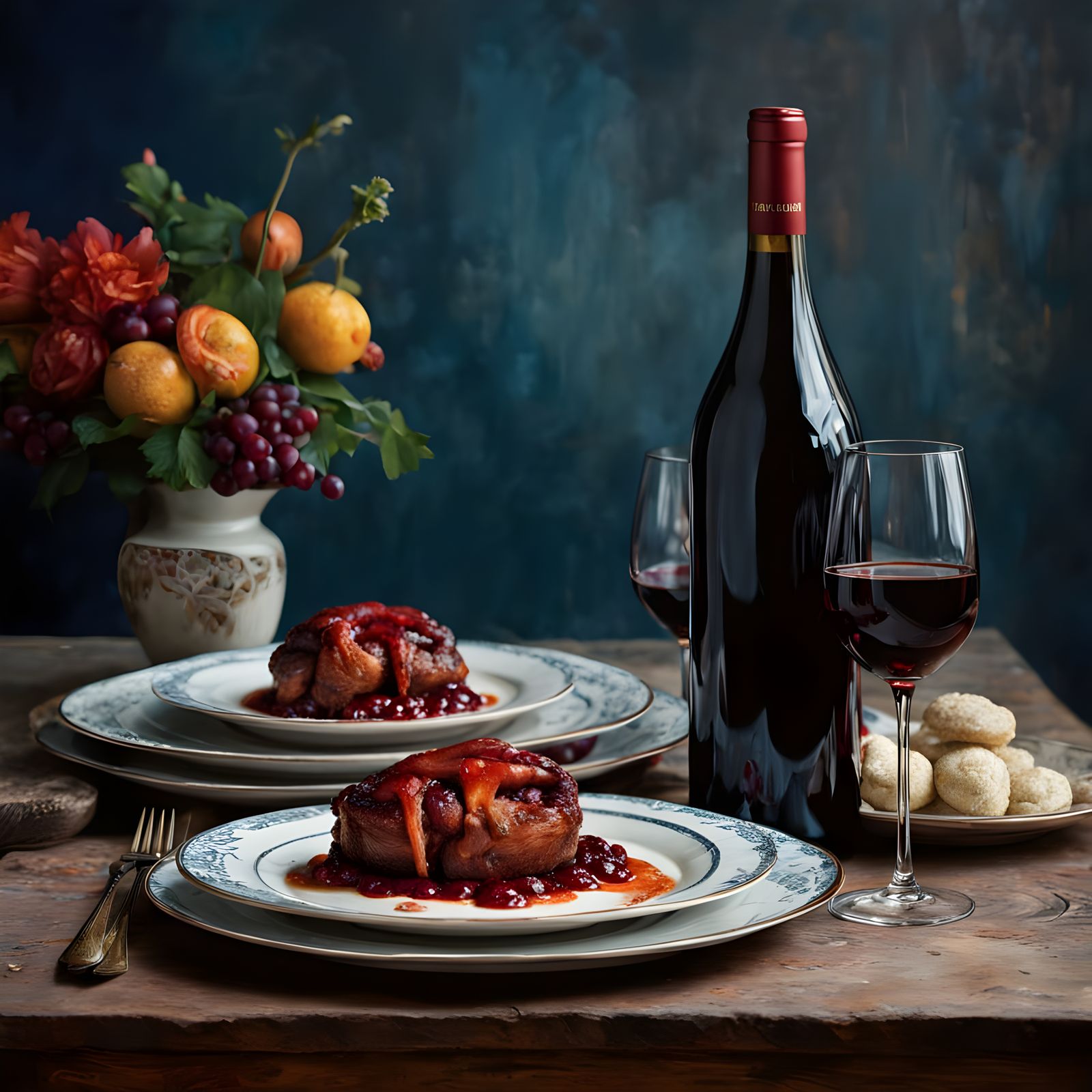 Luxurious Table Setting with Wine and Challahs