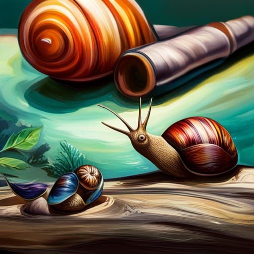 Snails on a table, detailed painting, deep color, fantastica...