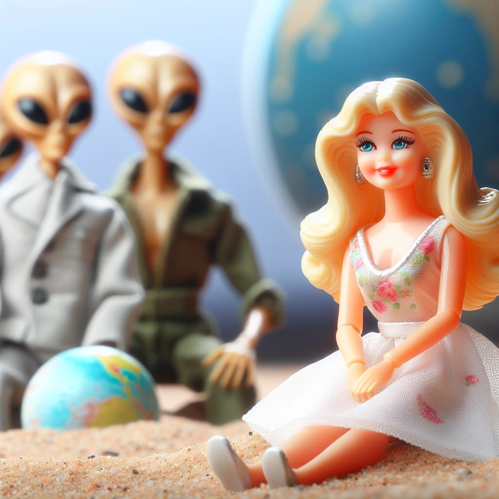 mindless lady doll at a beach smiling while her alien contro...