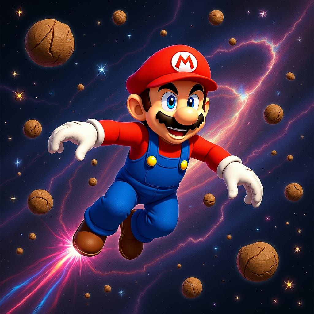 Masterpiece image of super Mario soaring through the Space junk galaxy at warp speed after using a warp star from the video game called supe...
