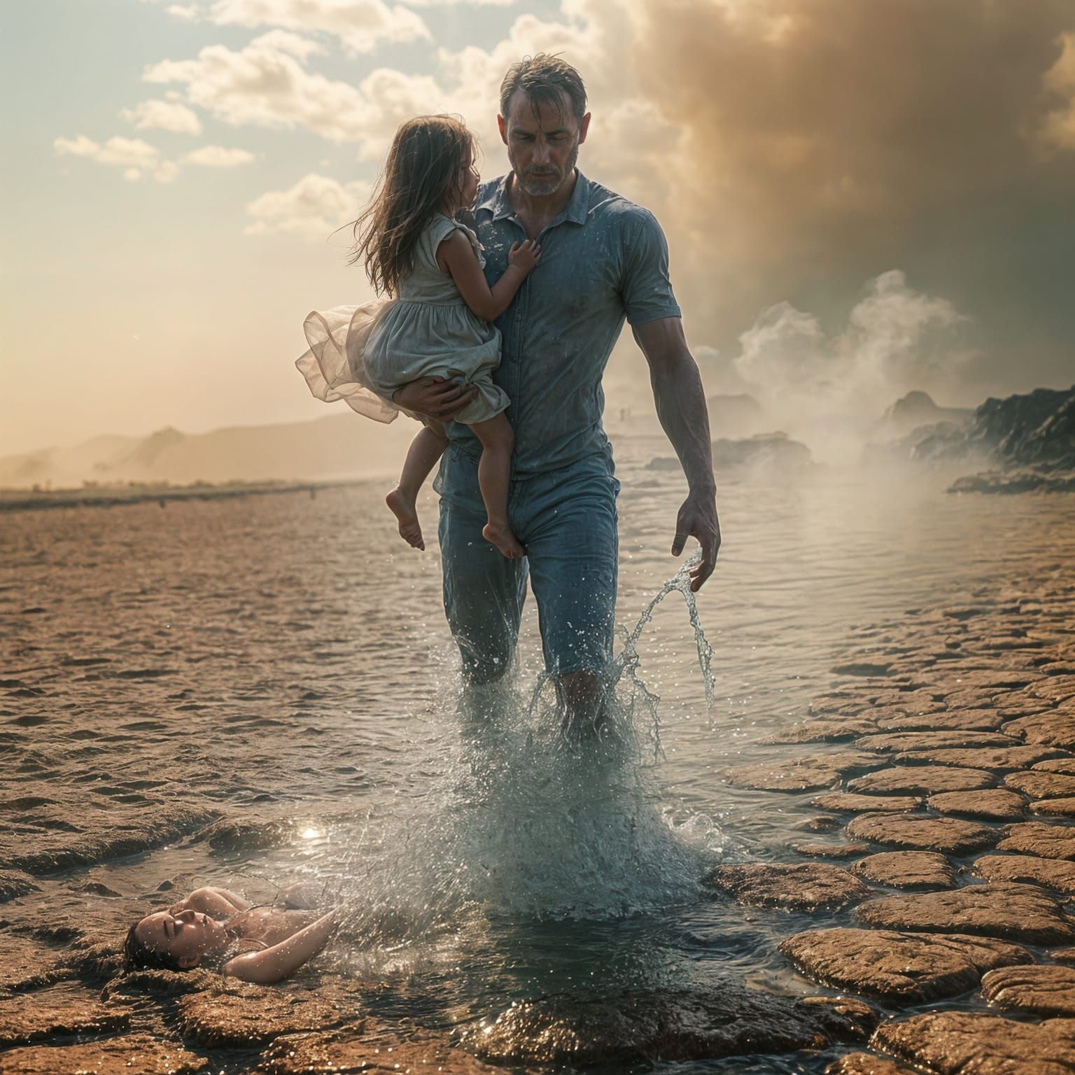 A father made of water carrying his daughter across a hot surface and boils to save her Cinematic film still, shot on v-raptor XL, film grai...