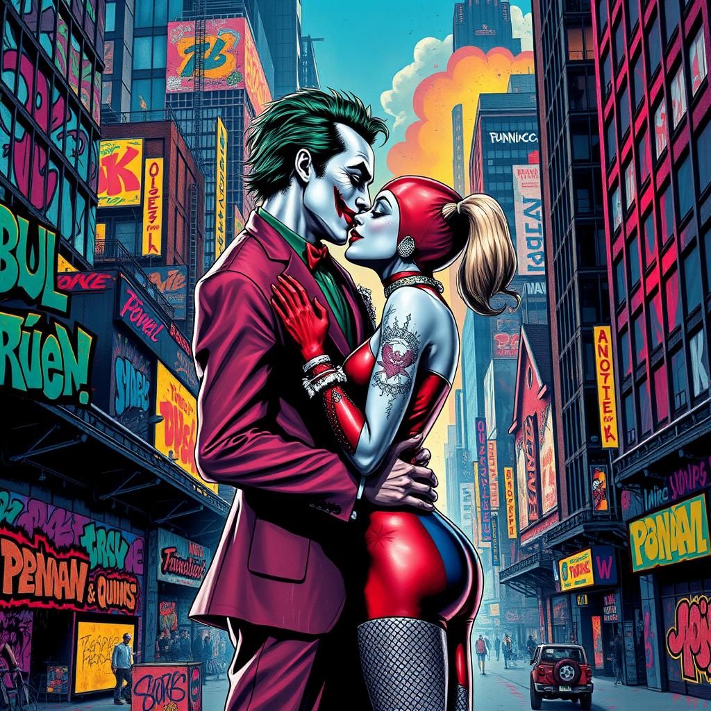 Joker and Harley Quinn Kiss in Street Art Style
