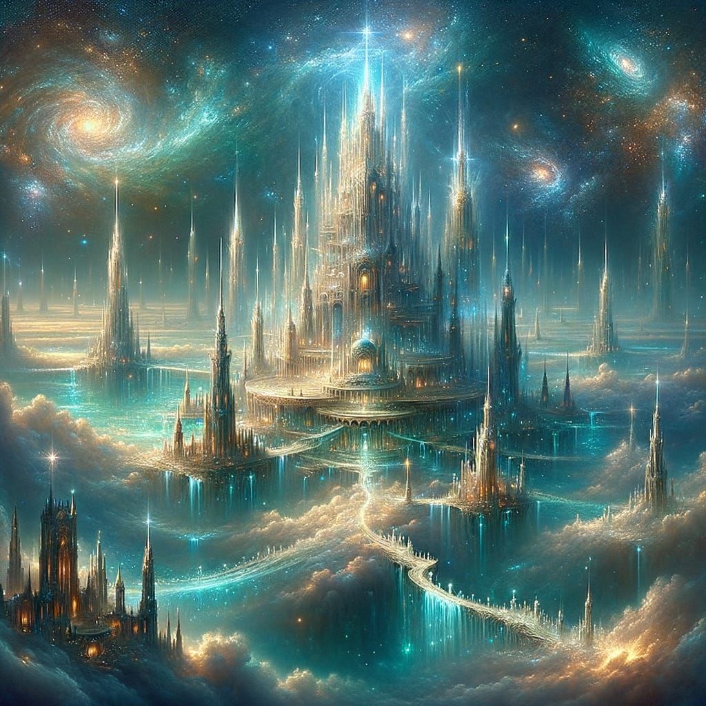 The Celestial Sky Fortress In a realm where the boundary between earth and the infinite dissolves, a magnificent fortress soars amidst a tap...