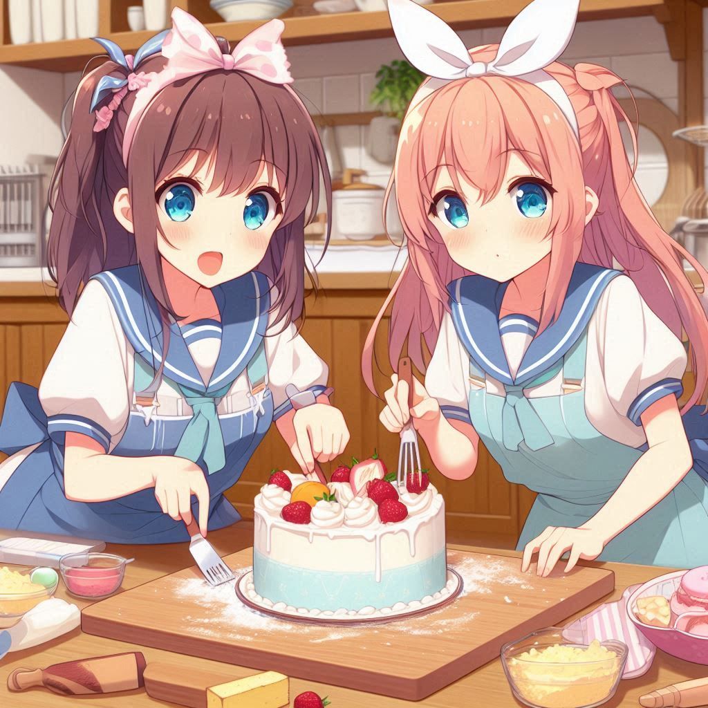 anime of two girls making a cake for the birthdsy of her lit...