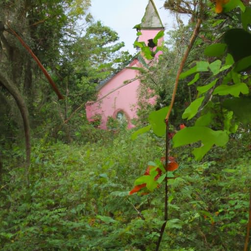 overgrown pink church in distant graveyard
