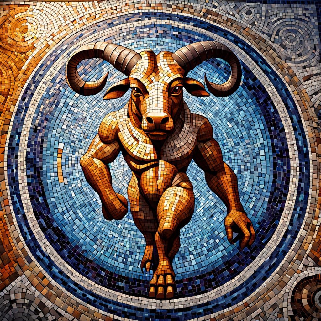 Surreal mosaic painting of the Minotaur in the labyrinth [mosaic street art piece],[ where geometric shapes come togethe...
