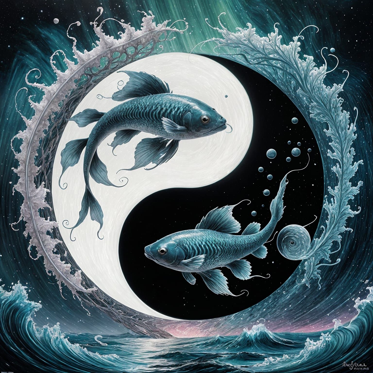A serene yin-yang symbol, its swirling black and white forms resemble cosmic whirlpools in the shape ...  by @new2ai