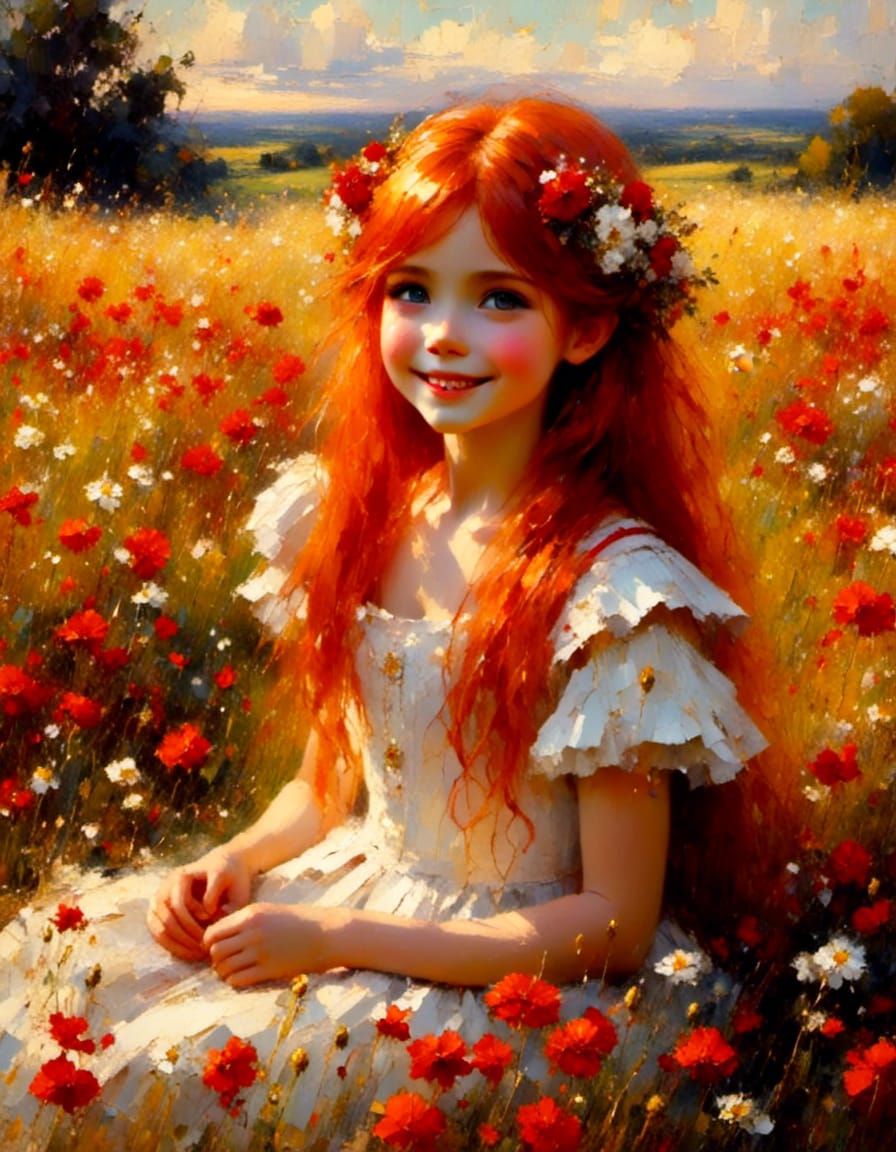 Red-Haired Girl in Flower Field, Anime Style