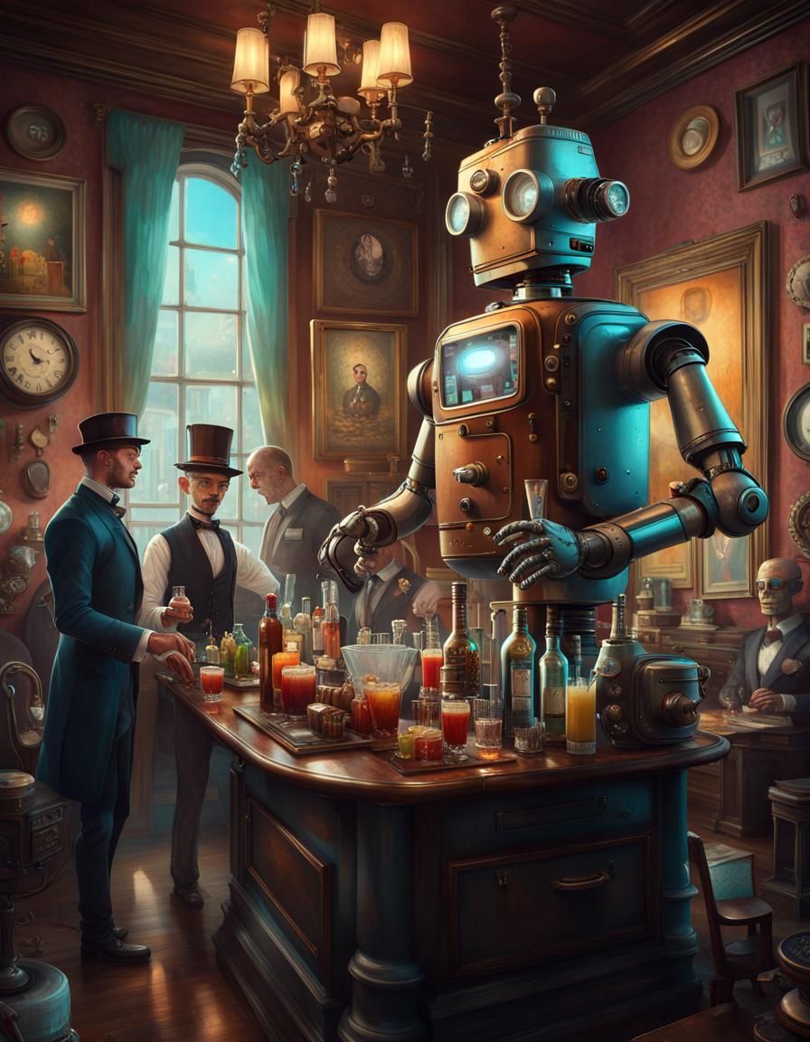 Steampunk robot! mechanical robot butler serving drinks in a crowded house, serving humans,