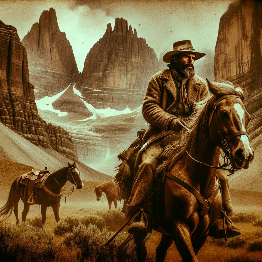 A mountain man riding a horse high in the Rocky Mountains in...