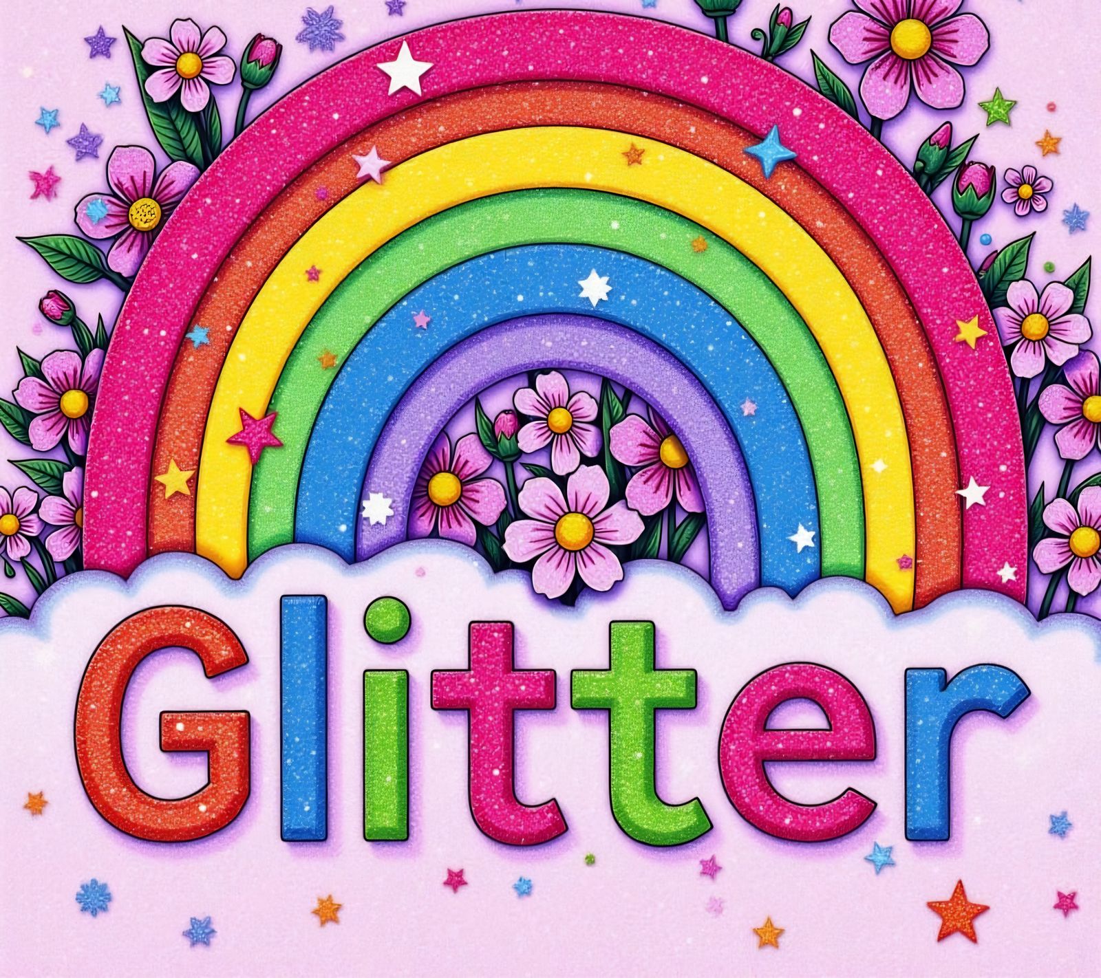 <lora:GlitterDoodle:1.0> , colorful text says 'Glitter' with a rainbow encircling it, flower backdrop, grainy glitter texture
