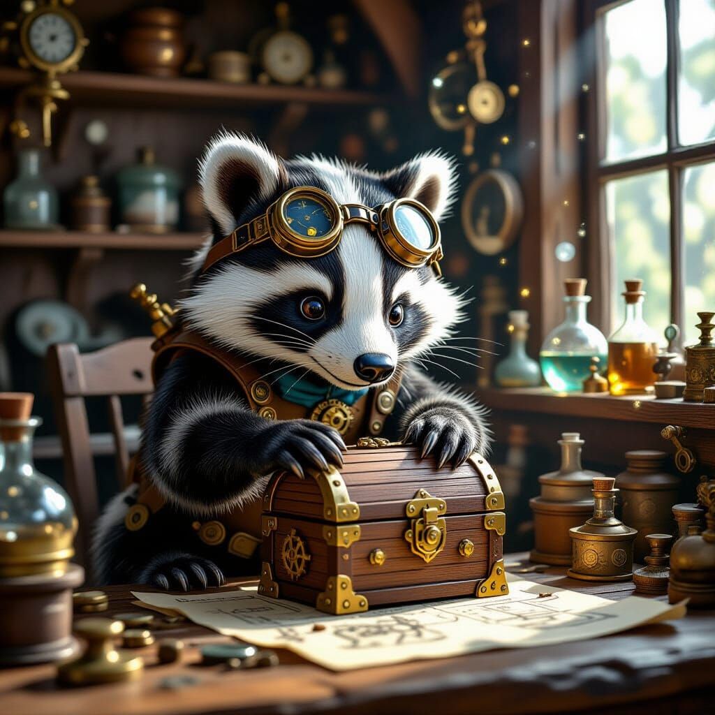 A whimsical, clockwork badger, adorned with brass gears and goggles, meticulously examines a small, intricately ...  by @Kuswandi Andhi
