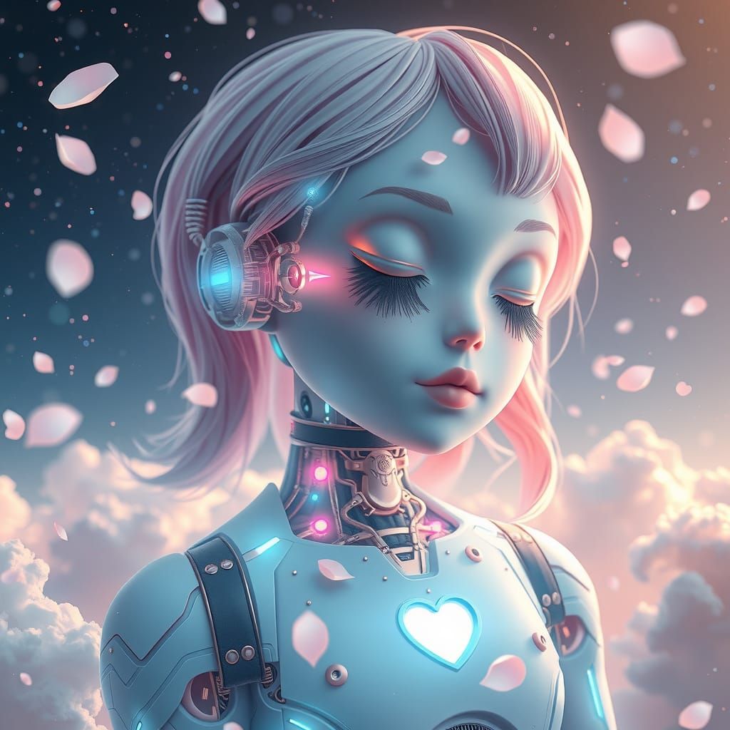 Android Girl in Celestial Clouds: Ethereal Digital Art