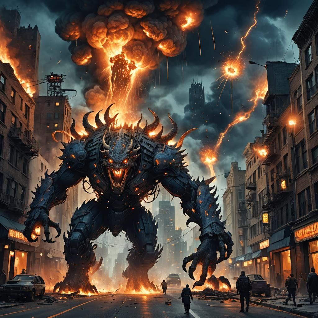 A huge multi-armed monstrous creature stalking a war torn ci...