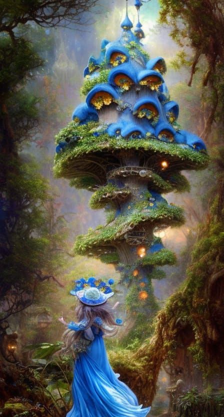 Magical Blue Toadstool Treehouse Flower Tower