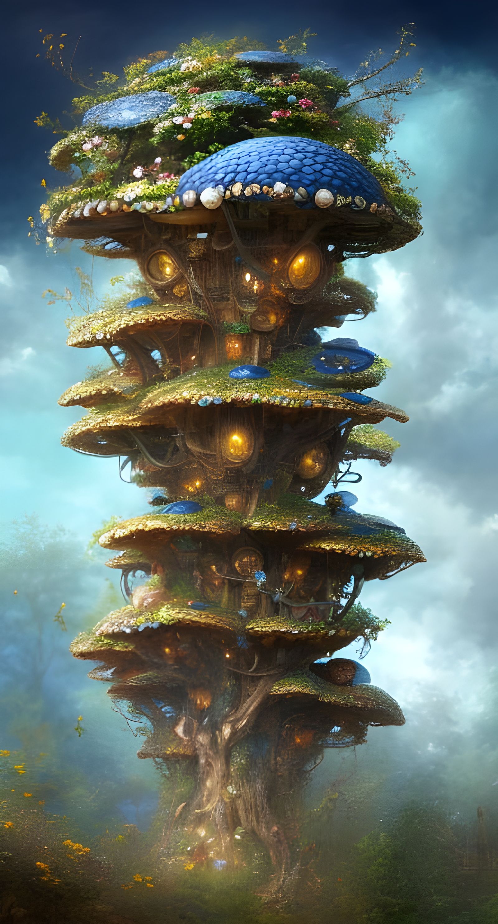 Magical Toadstool Treehouse Flower Tower in Digital Art Styl...