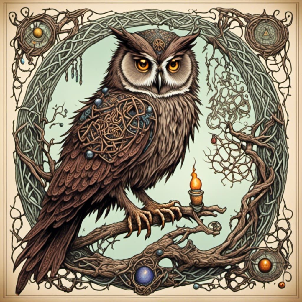 <lora:Witch Manual:1.0> text "Witch-bird" Owl as witch's familiar illustrated in delicate pen ink hatching in intricate Celtic knot-work by...
