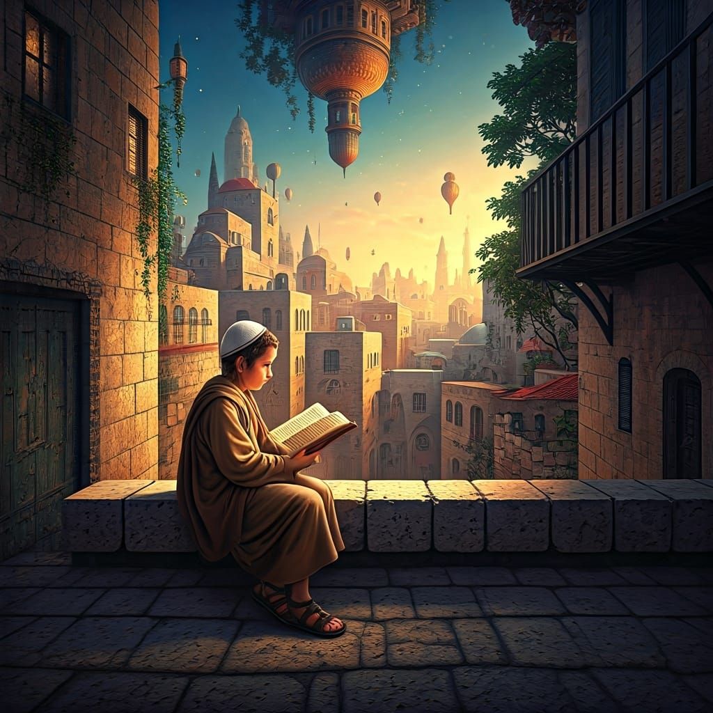 Surreal Boy Reading Book on Jerusalem Rooftop