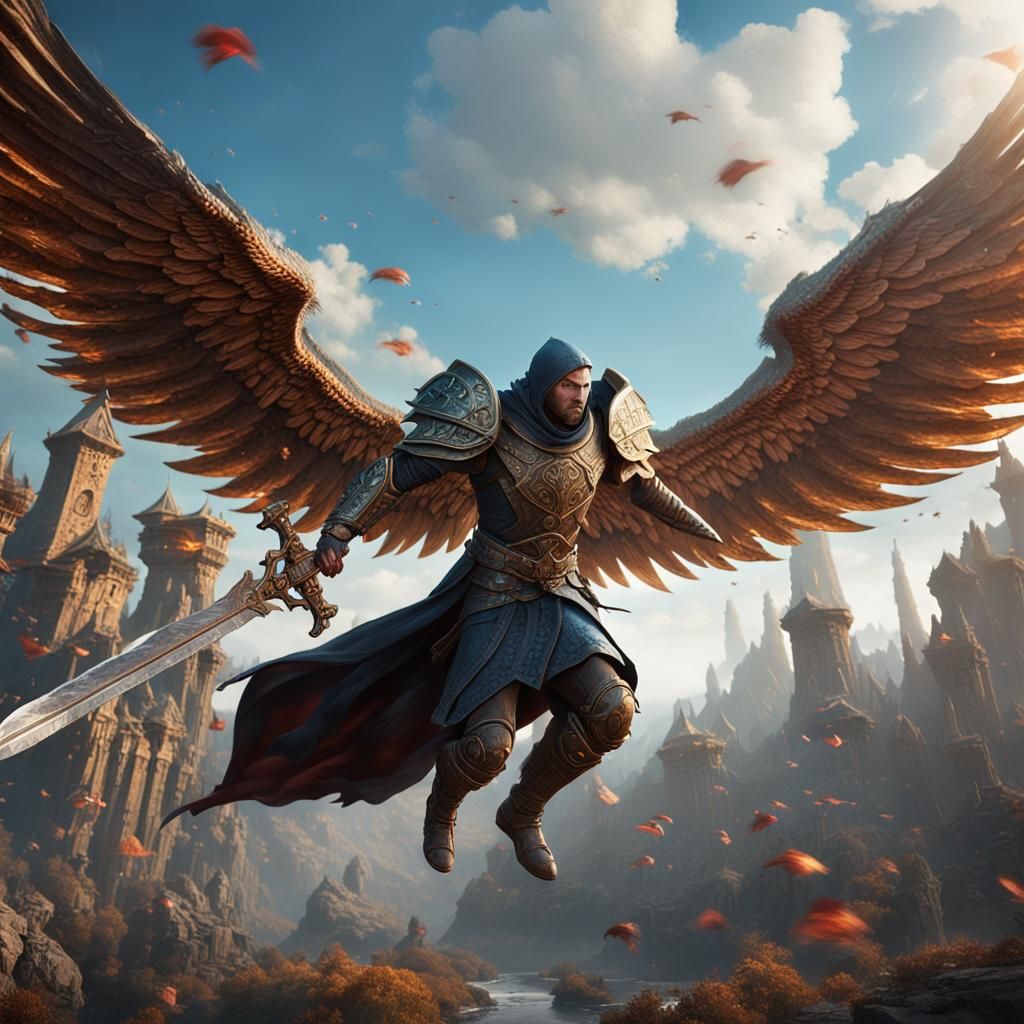 flying human with wings and big sword