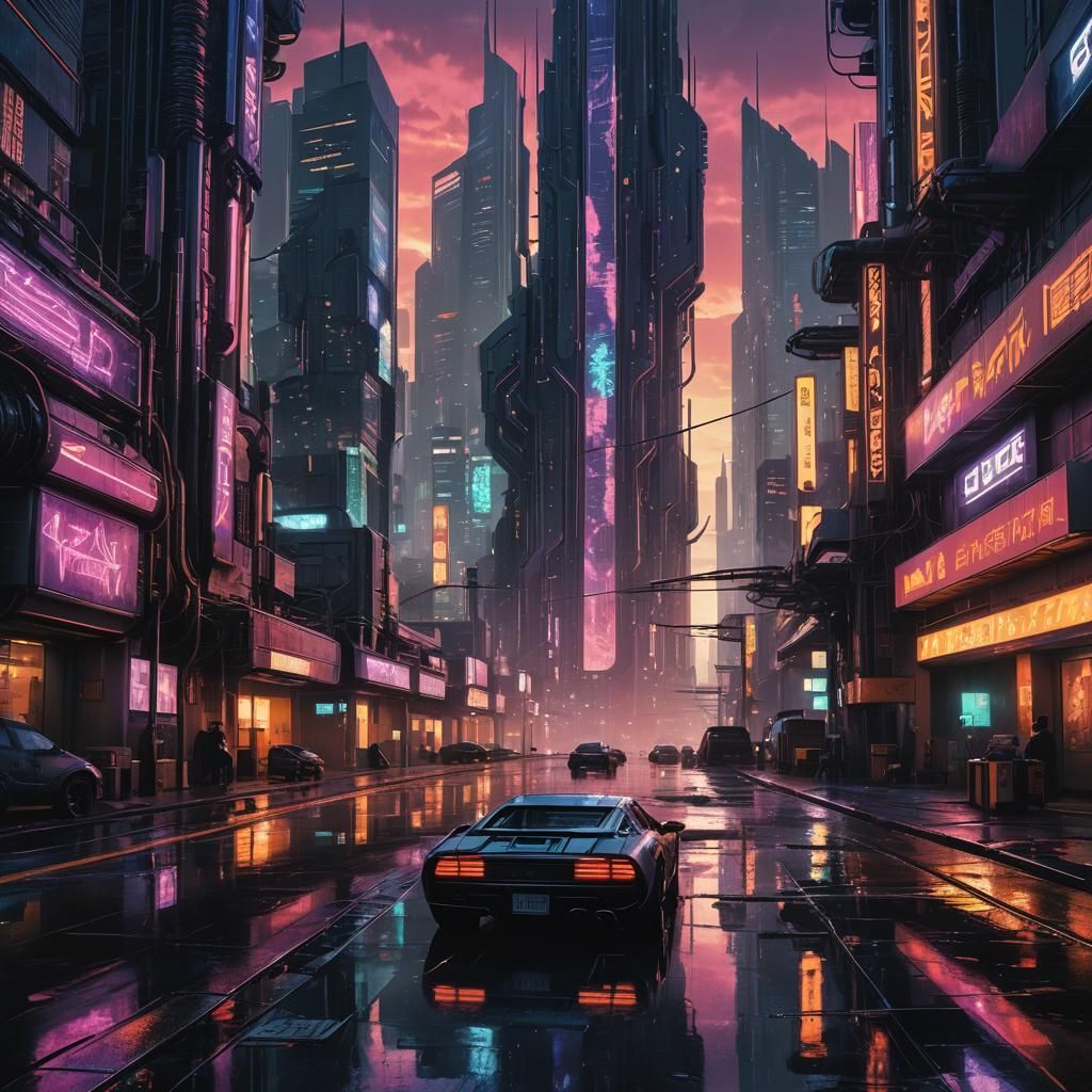 Cyberpunk Cityscape at Dusk in Neon Style