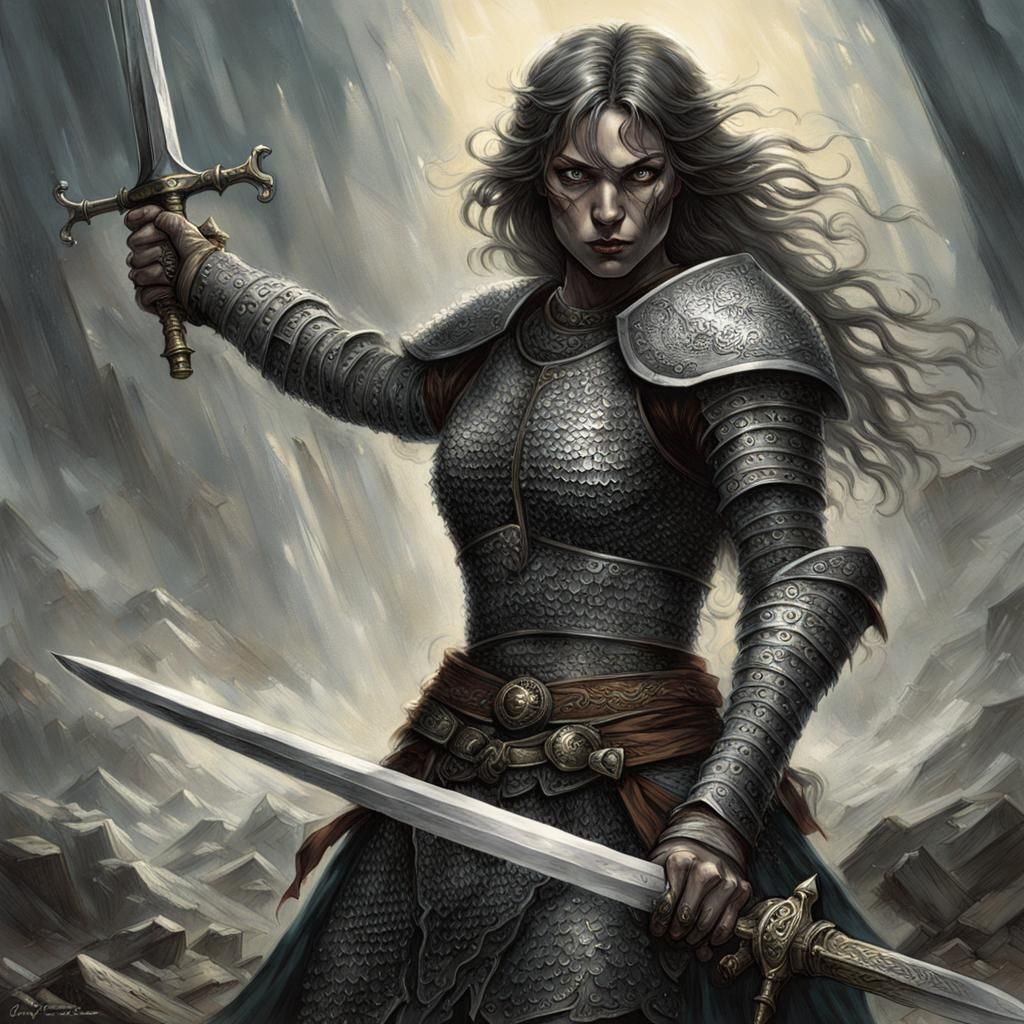 Gorgeous female warrior in armor using a sword