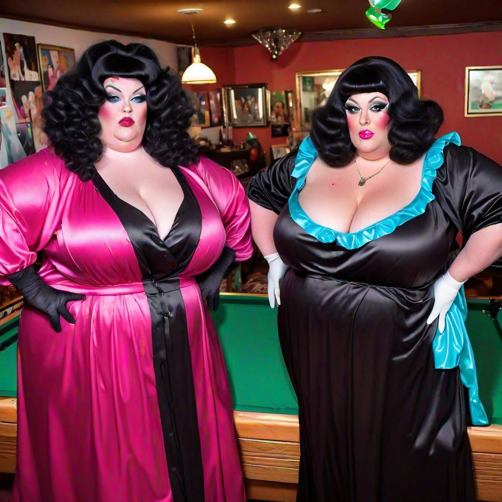 Poofy Extravagant Ultra Femme Fat Obese Overweight Twin Queens wearing Black and deep pink cerise Satin Caftan Kaftan Ab...