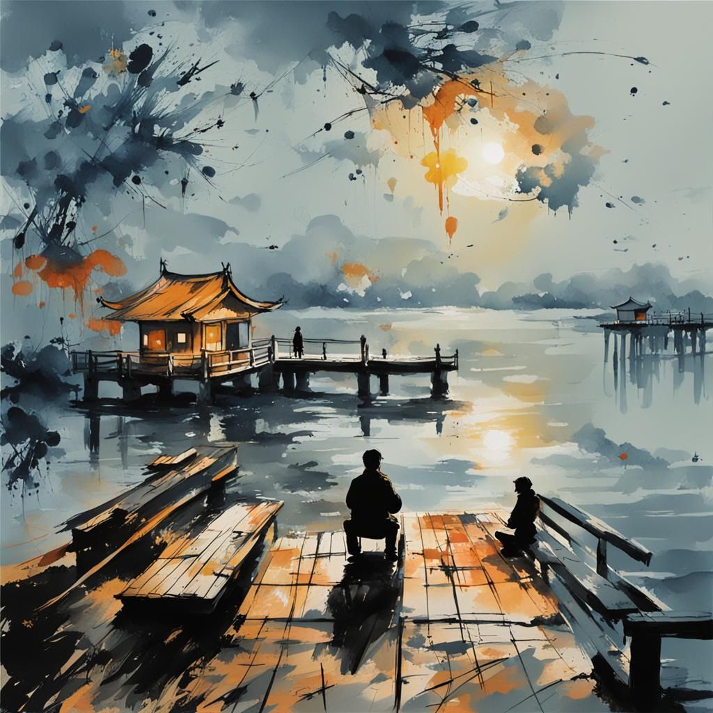 Ink Wash Figure on Bay Dock