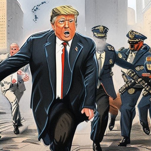 courtroom sketch of angry donald trump being chased by large...