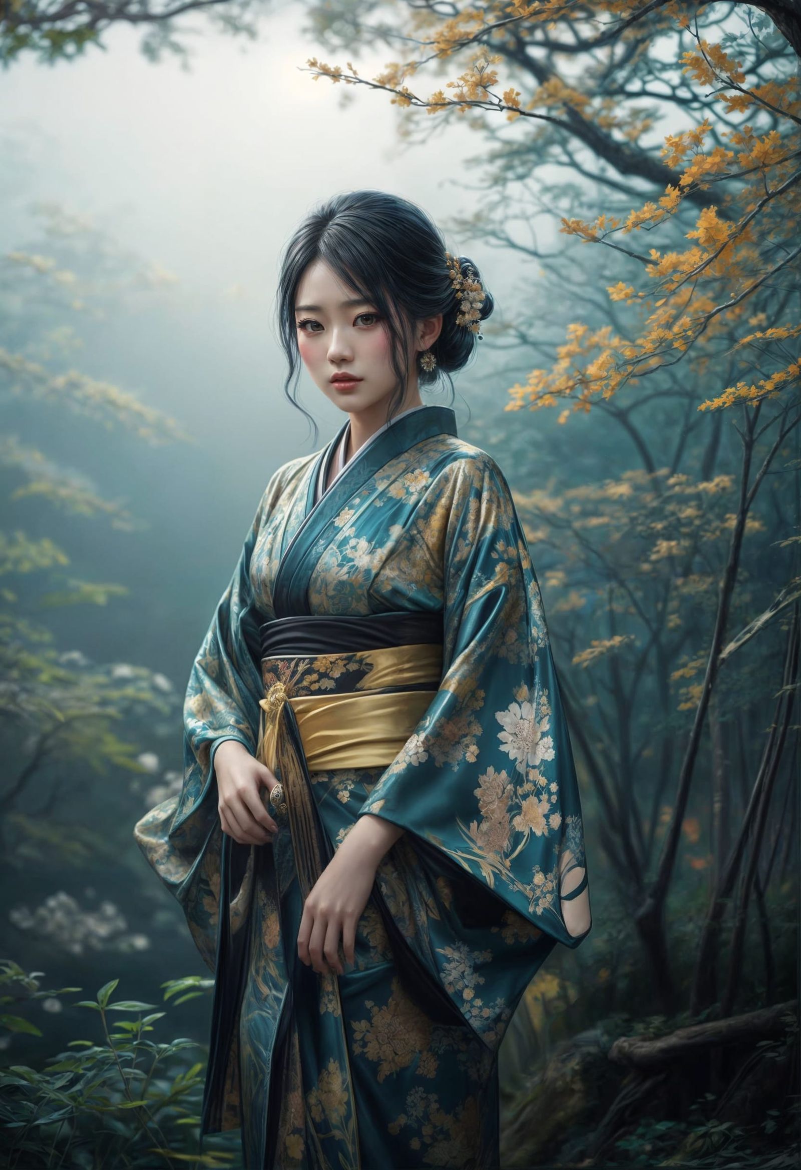 Woman dressed in teal and gold kimono