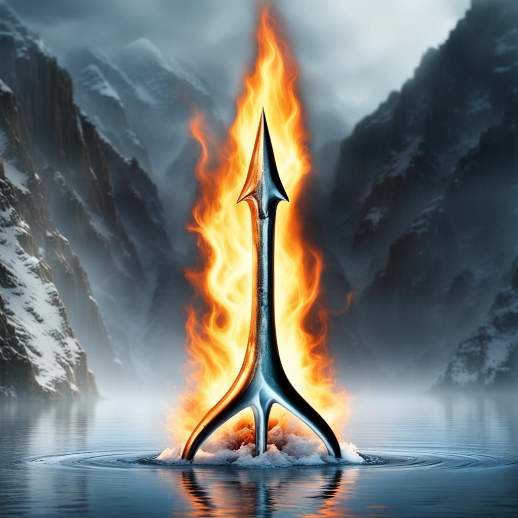 trident, three prongs on the end, magical, fire, water, ice