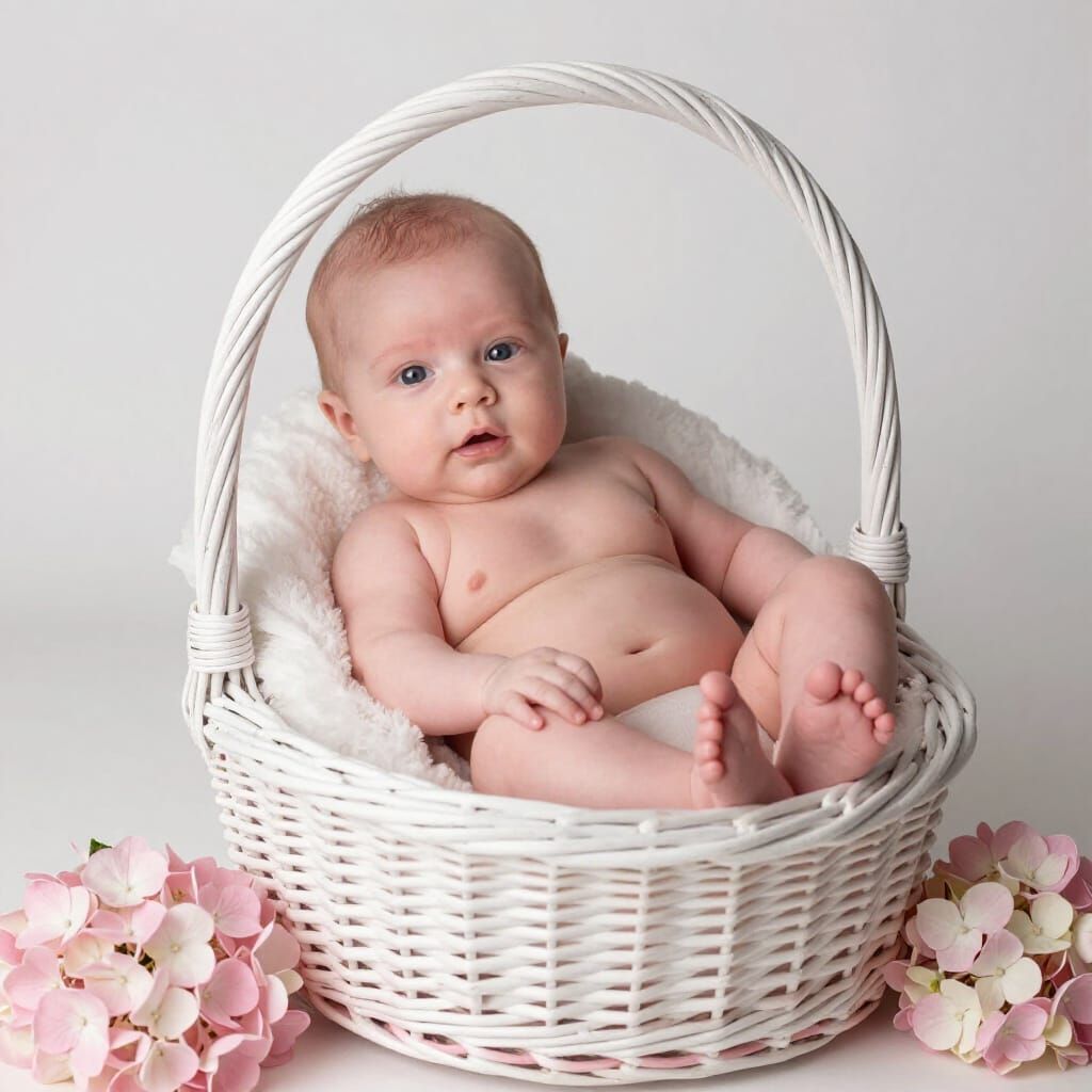 Studio Portrait of a Newborn Baby in a Wicker Basket with Hy...