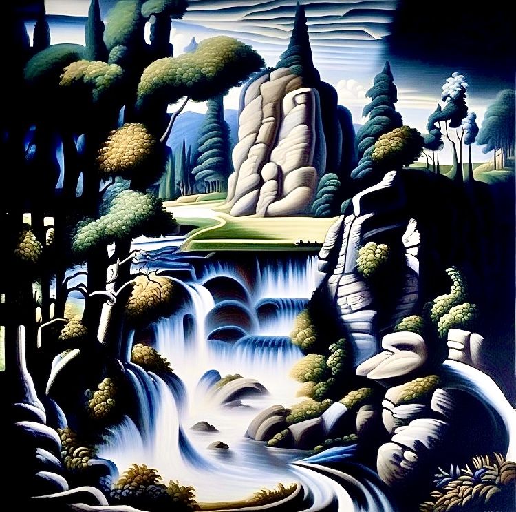 Landscape in the style of American artist Thomas Hart Benton
