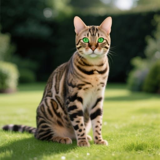A majestic, short-haired tabby cat, specifically a Bengal or an idealized tabby breed, sitting attentively in a well-manicured English garde...