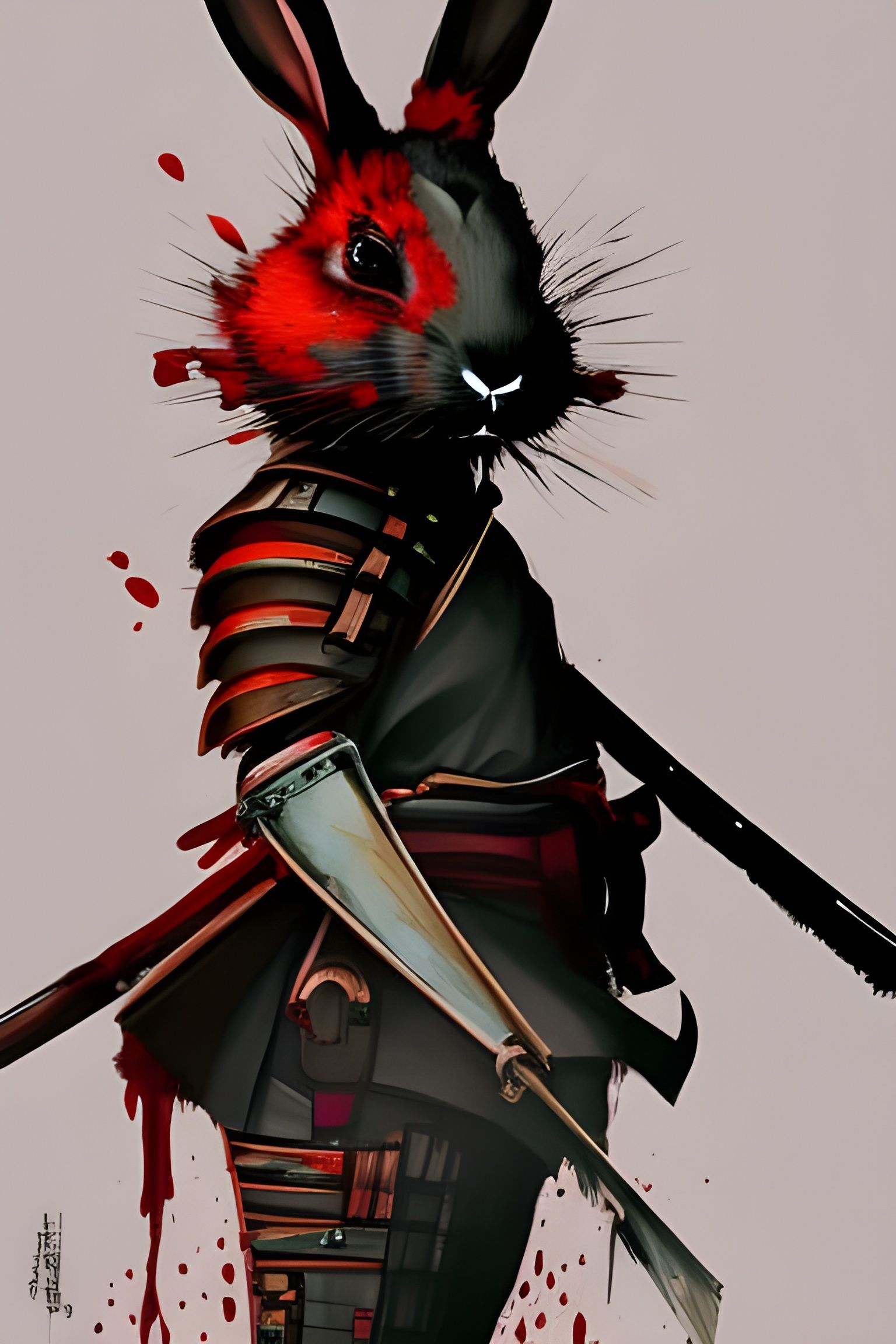 Armored Rabbit Samurai with Ink Splatter Effects