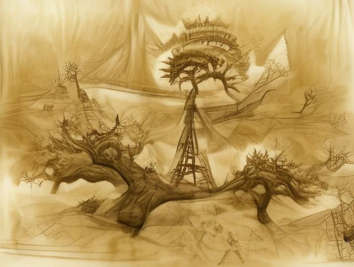 Concept art, pencil sketch, sepia tone; So high in the World Tree