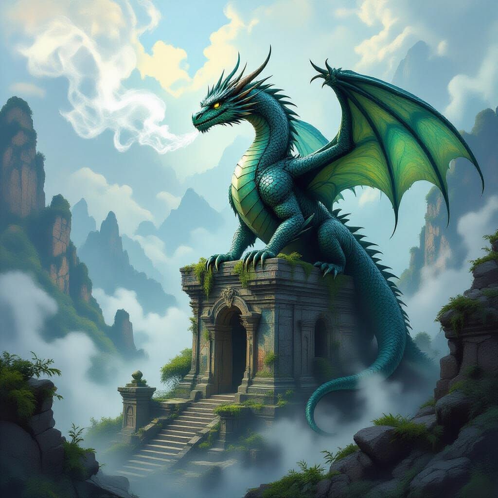A majestic ancient dragon, scales shimmering like obsidian and emeralds, perched atop a crumbling, moss-covered temple ruin. Wisps of ethere...