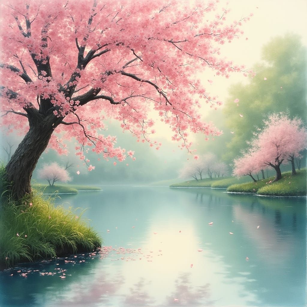 Surreal Cherry Blossom Paradise in Dreamy Impressionist Styl...