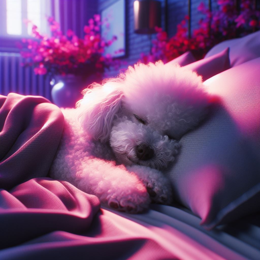 a bichon frisé is sleeping on a bed