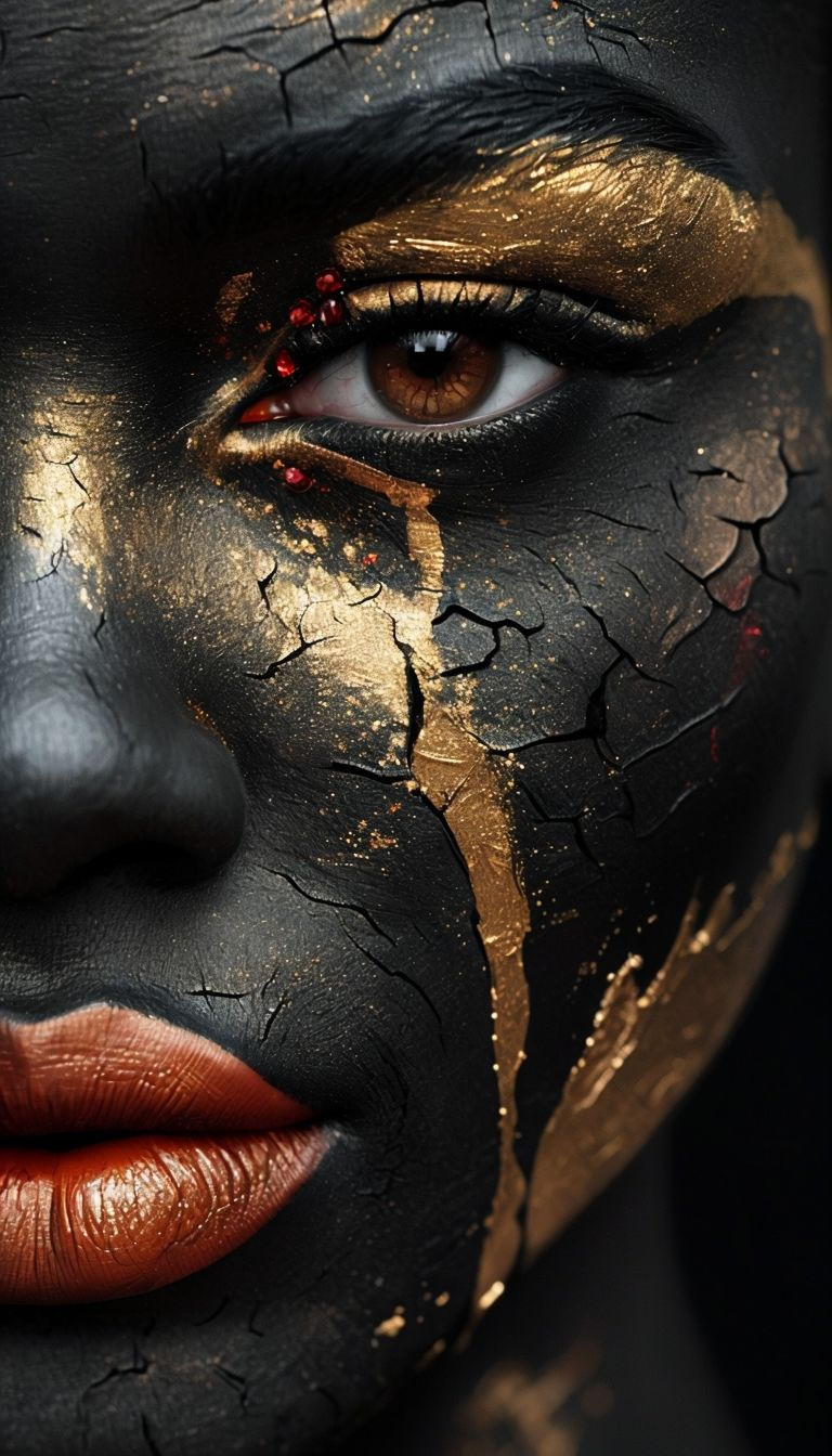 Close-up portrait of a matte black face  with gold accents