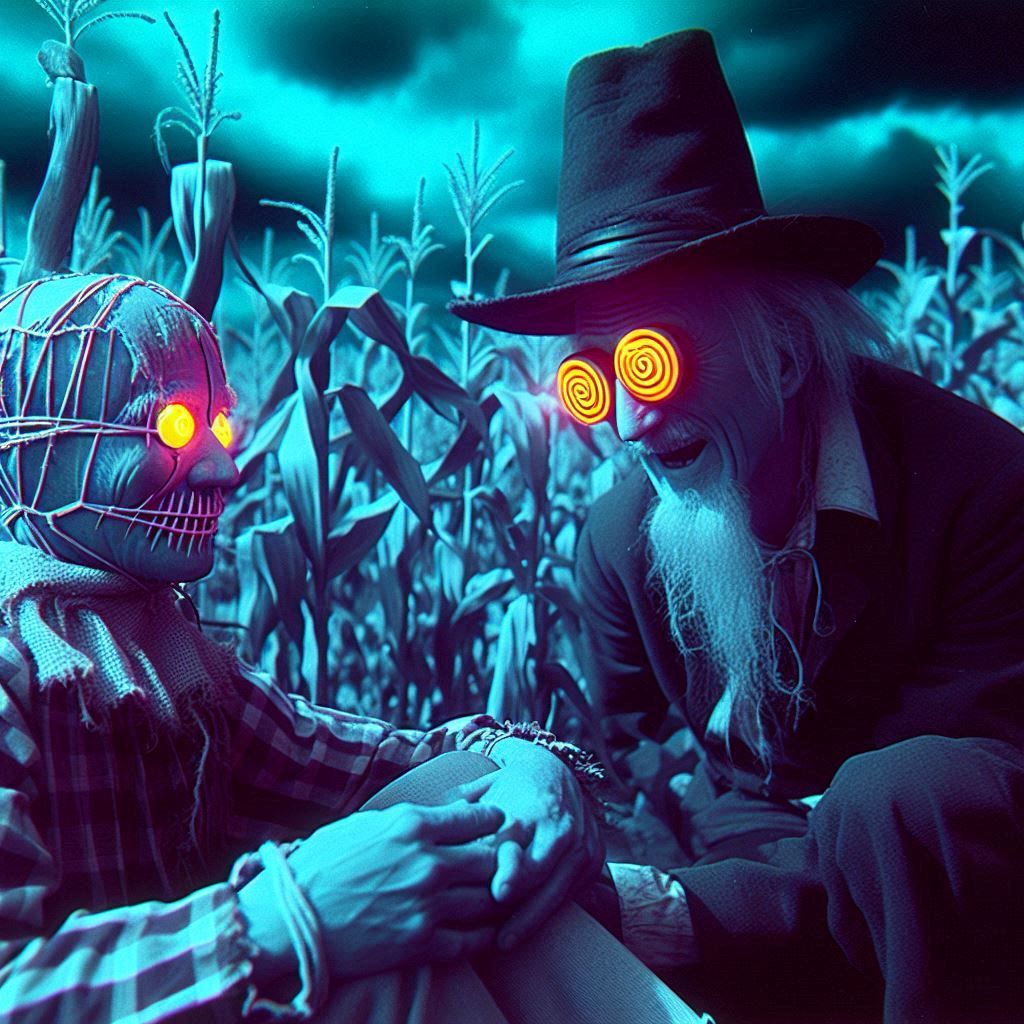 mad hypnotist uses mesmerism to summon a scarecrow to life