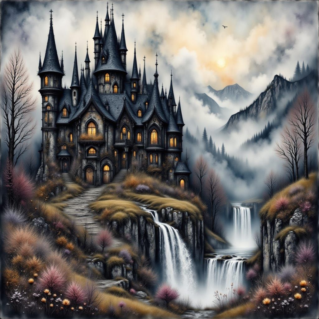 <lora:Enchanting Intensity:1.0> Watercolor drawing of a wonderful fantasy black medieval style dark fortress in mountains in autumn, horror,...