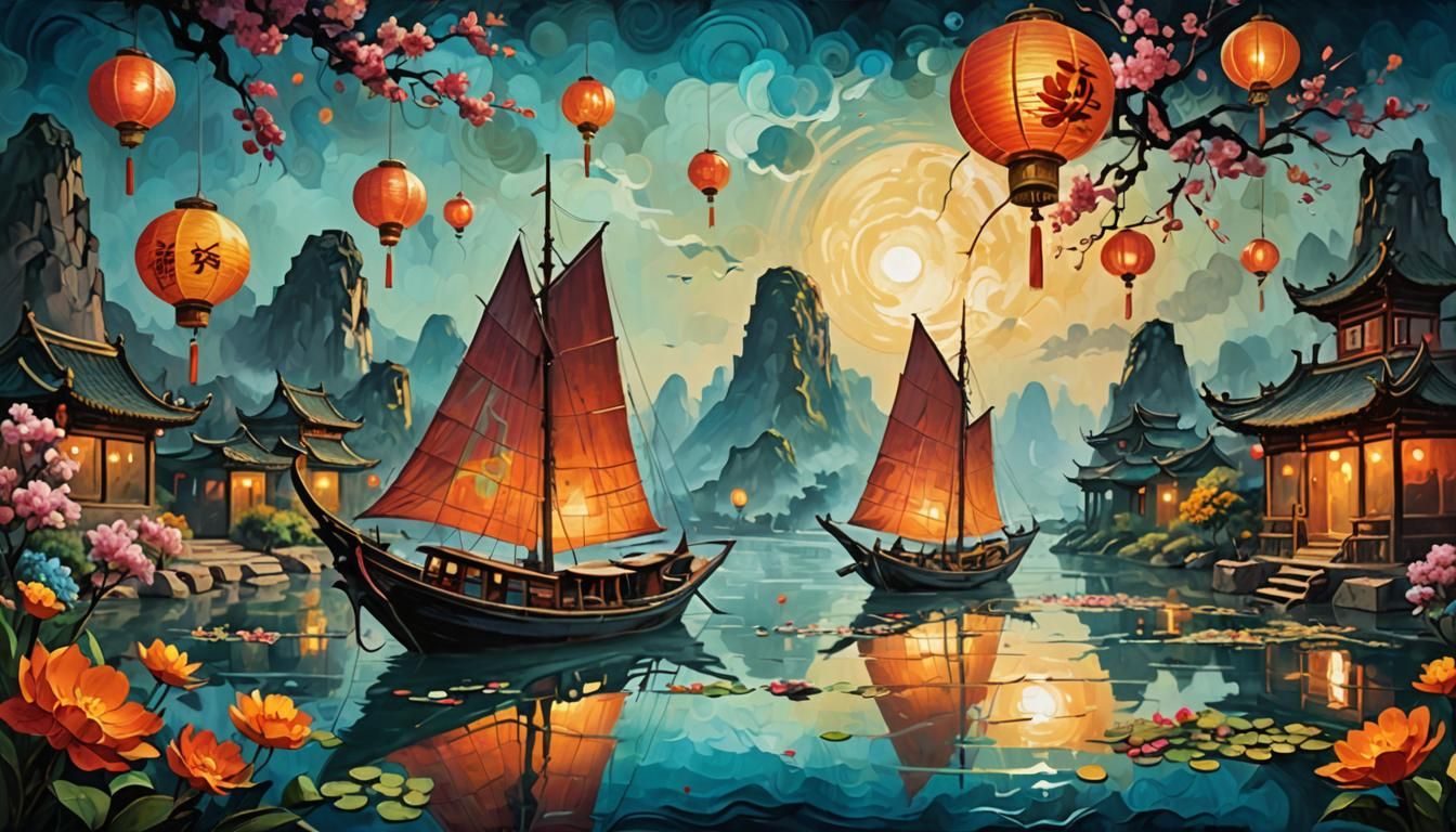 Chinese sail boat on the River Styx, stylised hand painted t...