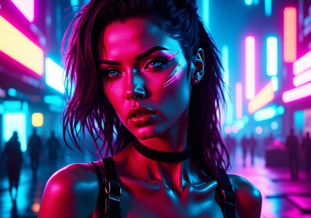 <lora:Cyberneons:1.0>Insanely detailed photorealistic, close up portrait of a beautiful pinup in a  cyberpunk city. Neo noir, retro futurism...